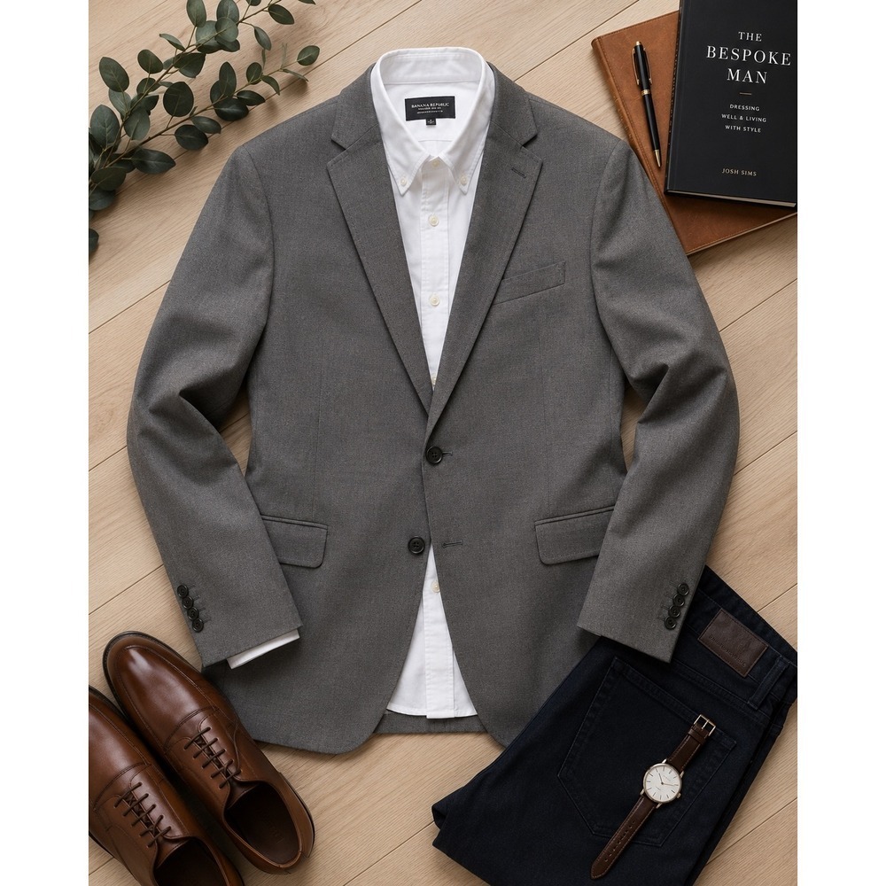 Banana Republic Men's 40R Modern Slim Fit Grey Cotton Blend 2 Button Blazer